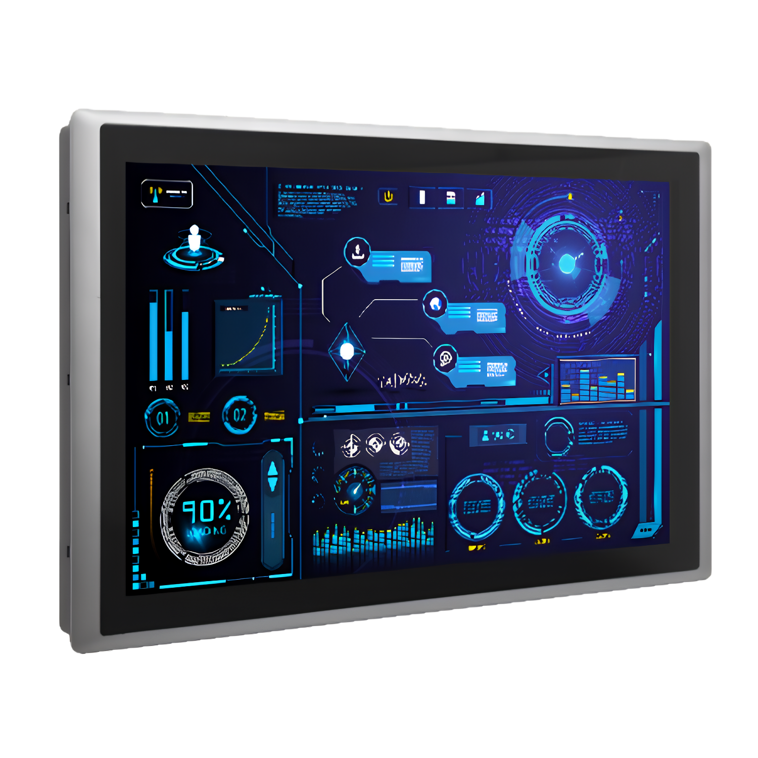Painel PC Industrial Fanless CINCO-121R-P2202-I7H com tela 21,5” touch resistivo, proteção frontal IP65, SSD 1TB, interfaces COM, RJ45 e USB para automação industrial.