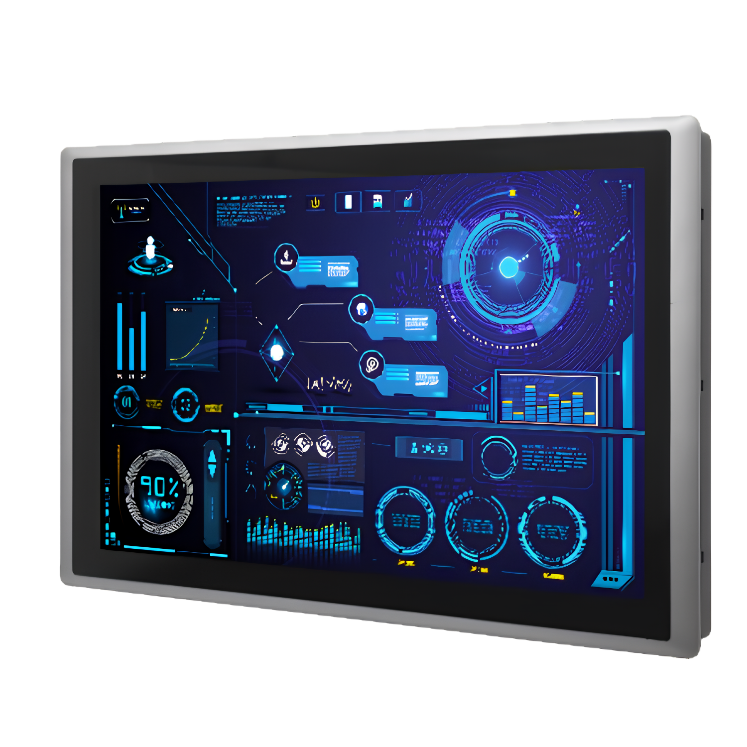 Painel PC Industrial Fanless CINCO-121R-P2202-I7H com tela 21,5” touch resistivo, proteção frontal IP65, SSD 1TB, interfaces COM, RJ45 e USB para automação industrial.
