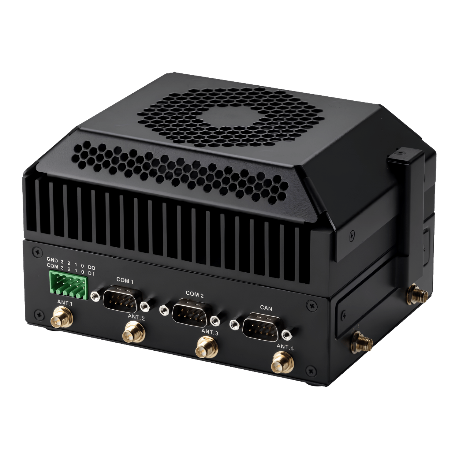 Computador industrial edge AI ASUS IoT PE1100N V2 com NVIDIA Jetson Orin NX 8GB, 117 TOPS, 8GB LPDDR5, dual LAN, HDMI 1.4a, HDMI 2.0b, USB 3.2, COM RS-232/422/485, CAN bus e DIO isolado para automação industrial, visão computacional e inferência de IA na borda.