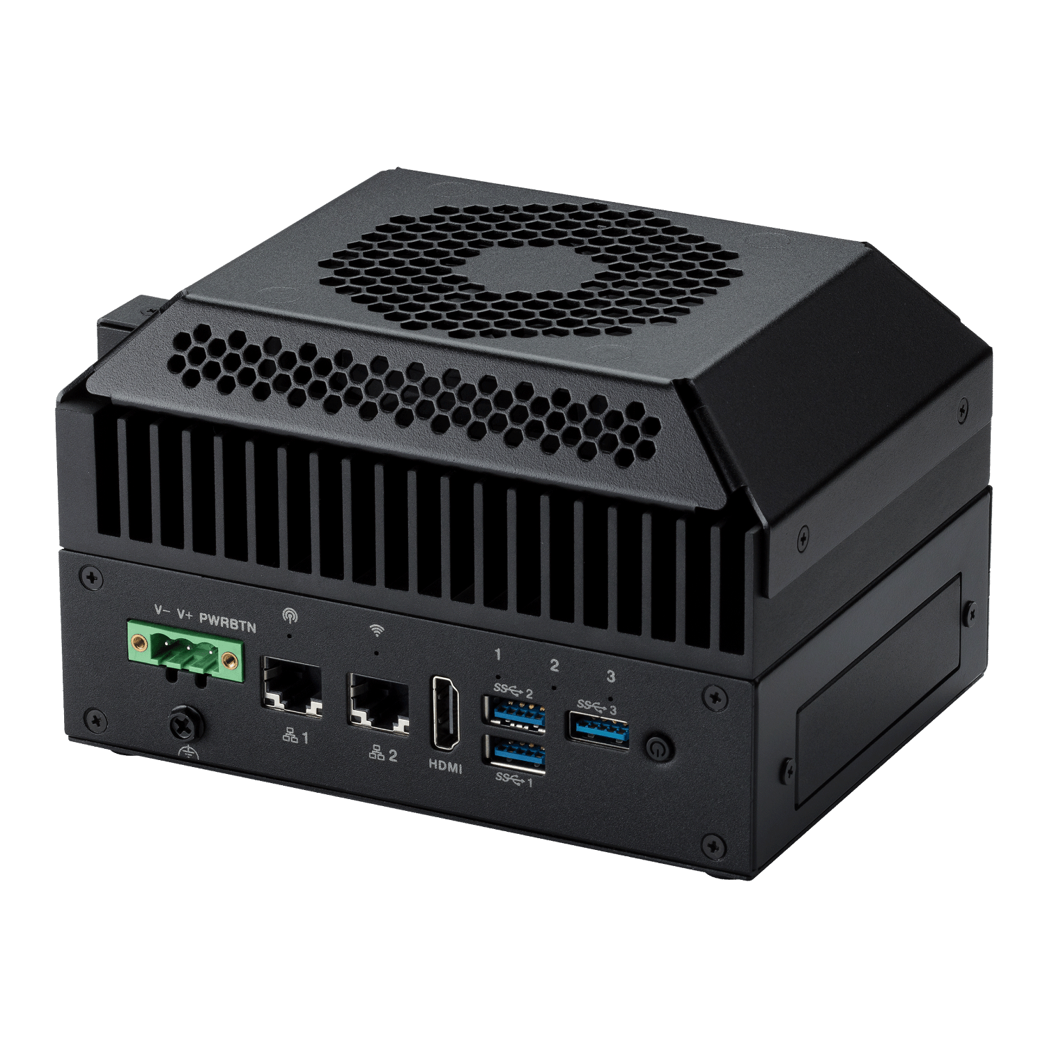 Computador industrial edge AI ASUS IoT PE1100N V2 com NVIDIA Jetson Orin NX 8GB, 117 TOPS, 8GB LPDDR5, dual LAN, HDMI 1.4a, HDMI 2.0b, USB 3.2, COM RS-232/422/485, CAN bus e DIO isolado para automação industrial, visão computacional e inferência de IA na borda.