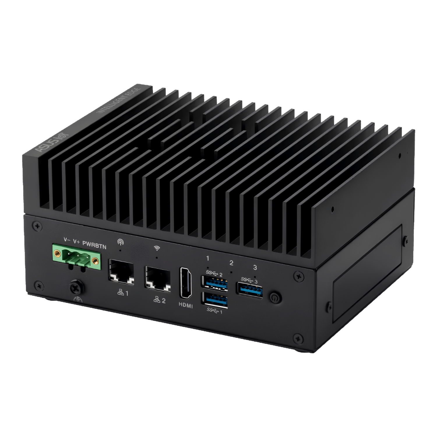 Computador industrial edge AI ASUS IoT PE1100N V2 com NVIDIA Jetson Orin NX 8GB, 117 TOPS, 8GB LPDDR5, dual LAN, HDMI 1.4a, HDMI 2.0b, USB 3.2, COM RS-232/422/485, CAN bus e DIO isolado para automação industrial, visão computacional e inferência de IA na borda.