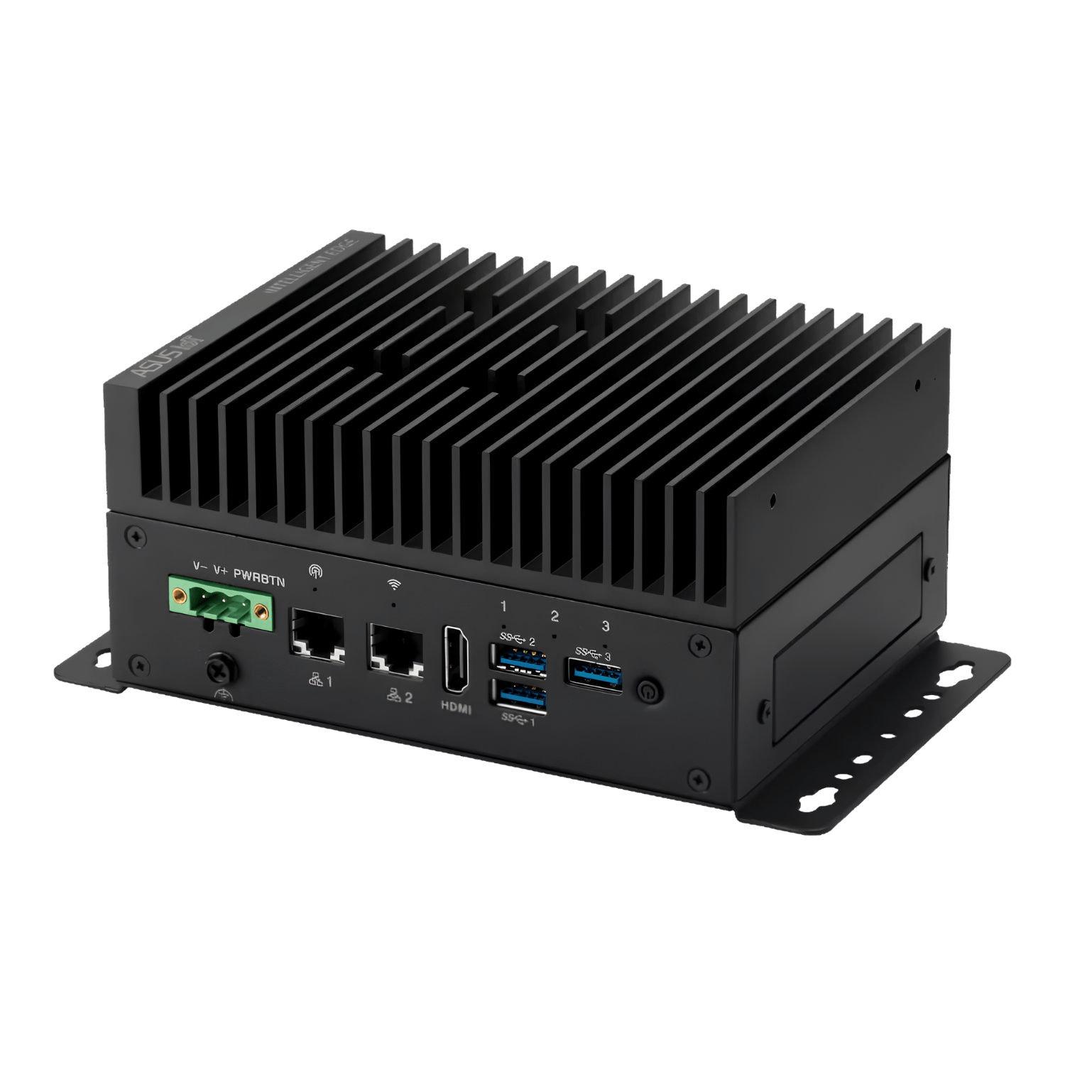 Computador industrial edge AI ASUS IoT PE1100N V2 com NVIDIA Jetson Orin NX 8GB, 117 TOPS, 8GB LPDDR5, dual LAN, HDMI 1.4a, HDMI 2.0b, USB 3.2, COM RS-232/422/485, CAN bus e DIO isolado para automação industrial, visão computacional e inferência de IA na borda.