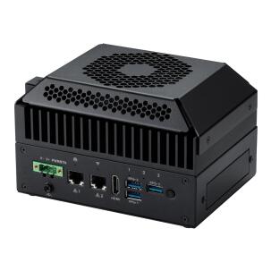 Computador industrial edge AI ASUS IoT PE1100N-V2NX16G-G com NVIDIA Jetson Orin NX 16GB, 157 TOPS, CPU 8x Arm Cortex-A78AE, GPU NVIDIA Ampere, 16GB LPDDR5, dual LAN Gigabit, HDMI, USB 3.2, COM RS-232/422/485, CAN bus e DIO isolado para automação industrial, visão computacional e inferência de IA na borda.
