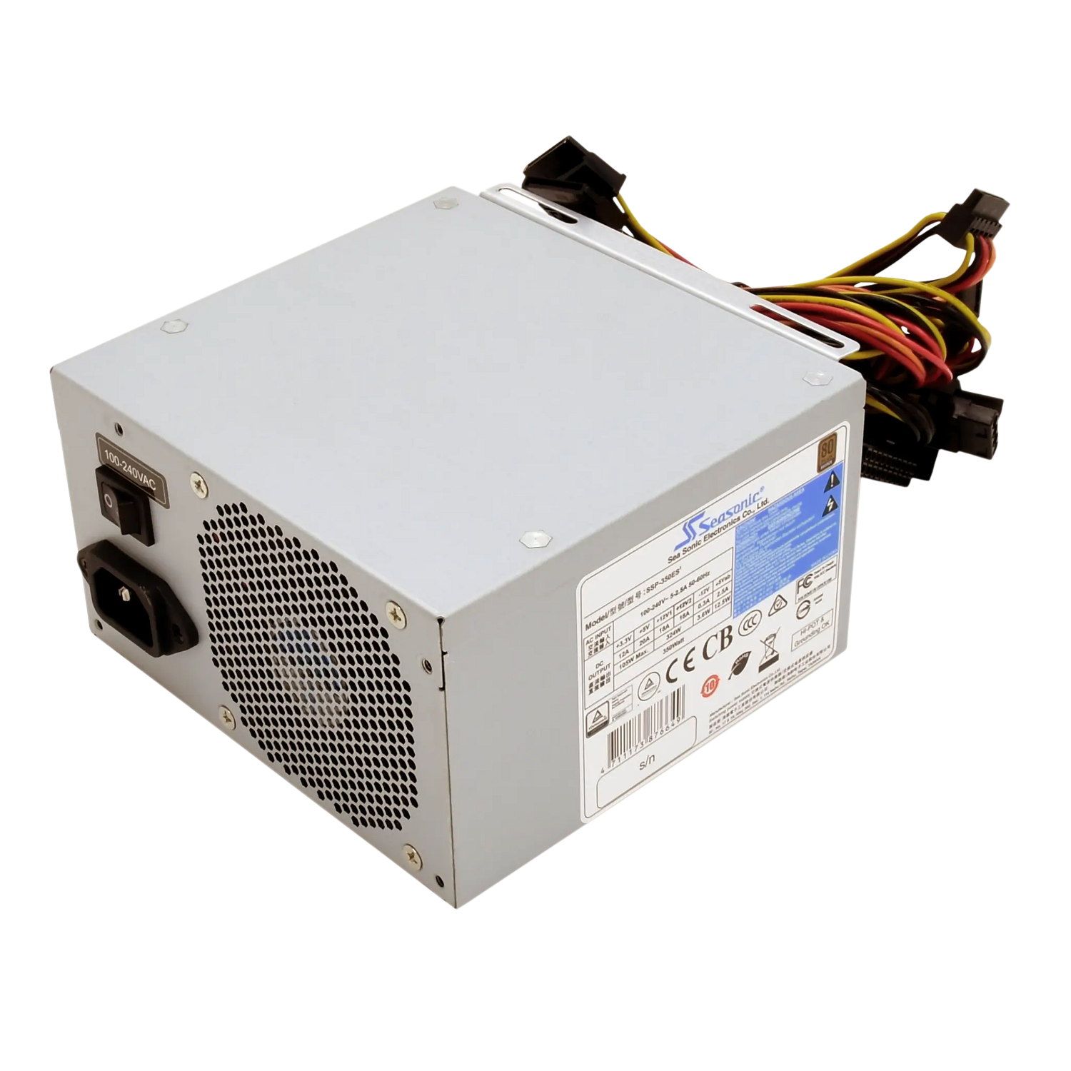 Fonte de alimentação industrial Seasonic SSP-350ES2 com potência de 350W, certificação 80 PLUS Bronze, padrão ATX12V v2.3, entrada 100–240VAC, Active PFC, fan de 80mm, conectores SATA e Molex e proteções contra curto-circuito, sobretensão e sobrepotência.