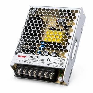 Fonte chaveada industrial WEHO WH-RS100W24, referência LRS-100-24, com saída 24VDC 4,5A, potência comercial 100W, entrada 90–240VAC e 127–370VDC, caixa metálica, convecção natural e proteções contra curto-circuito, sobrecarga e sobrecorrente para automação industrial e painéis elétricos.