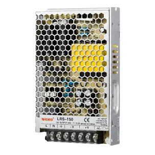 Fonte chaveada industrial WEHO WH-RS150W24, referência LRS-150-24, com saída 24VDC 6,5A, potência 150W, entrada 90–240VAC e 127–370VDC, caixa metálica ventilada, convecção natural e proteções contra sobrecarga, sobrecorrente e curto-circuito para automação industrial e painéis elétricos.