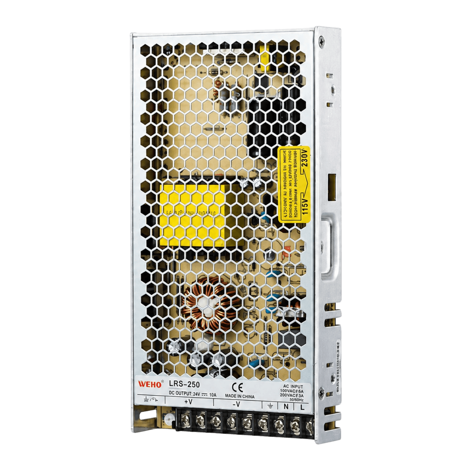 Fonte chaveada industrial WEHO WH-RS250W24, referência LRS-250-24, com saída 24VDC 10A, potência 250W, entrada 90–132VAC ou 180–264VAC selecionável por chave, entrada DC 254–370VDC, caixa metálica ventilada, convecção natural e proteções integradas para automação industrial e painéis elétricos.