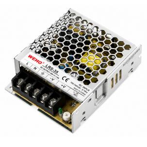Fonte chaveada industrial WEHO WH-RS35W12, referência LRS-35-12, com saída 12VDC 3A, série 35W, entrada 85–264VAC e 120–373VDC, caixa metálica, convecção natural e proteções contra curto-circuito, sobrecarga, sobretensão e sobretemperatura para automação industrial e painéis elétricos.