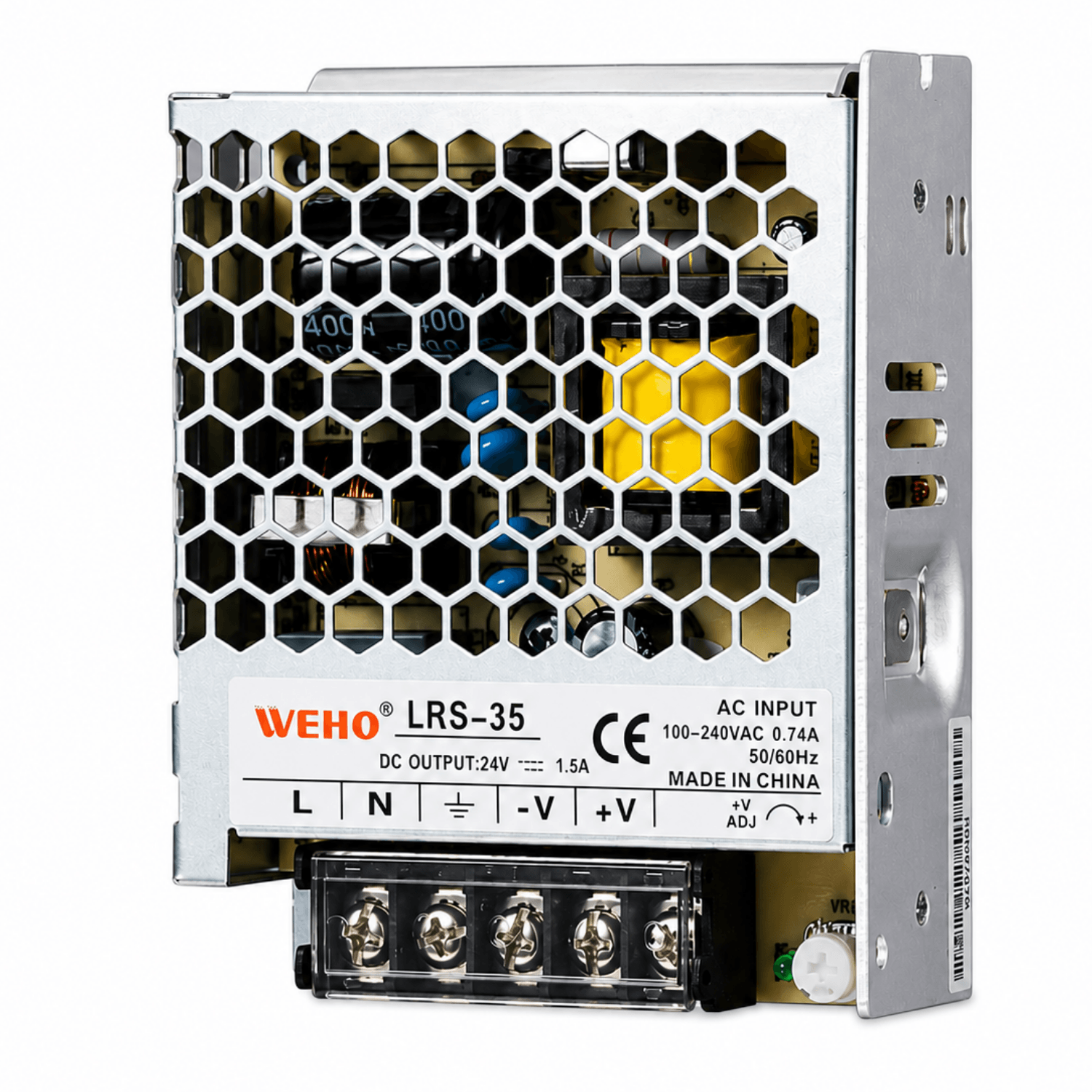 Fonte chaveada industrial WEHO WH-RS35W12, referência LRS-35-12, com saída 12VDC 3A, série 35W, entrada 85–264VAC e 120–373VDC, caixa metálica, convecção natural e proteções contra curto-circuito, sobrecarga, sobretensão e sobretemperatura para automação industrial e painéis elétricos.