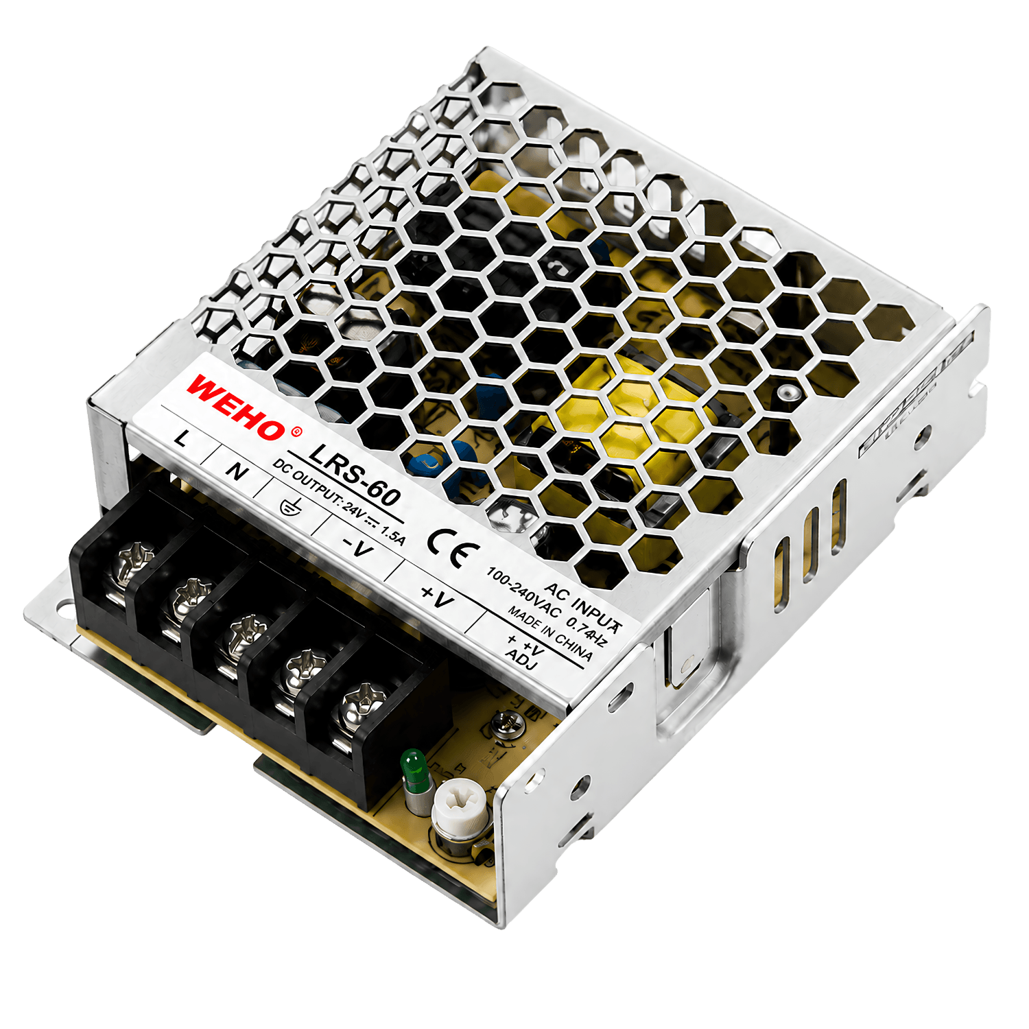 Fonte chaveada industrial WEHO WH-RS60W24, referência LRS-60-24, com saída 24VDC 2,5A, potência 60W, entrada 85–264VAC e 120–373VDC, caixa metálica, convecção natural e proteções contra curto-circuito, sobrecarga, sobretensão e sobretemperatura para automação industrial e painéis elétricos.