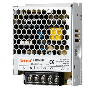Fonte chaveada industrial WEHO WH-RS60W24, referência LRS-60-24, com saída 24VDC 2,5A, potência 60W, entrada 85–264VAC e 120–373VDC, caixa metálica, convecção natural e proteções contra curto-circuito, sobrecarga, sobretensão e sobretemperatura para automação industrial e painéis elétricos.