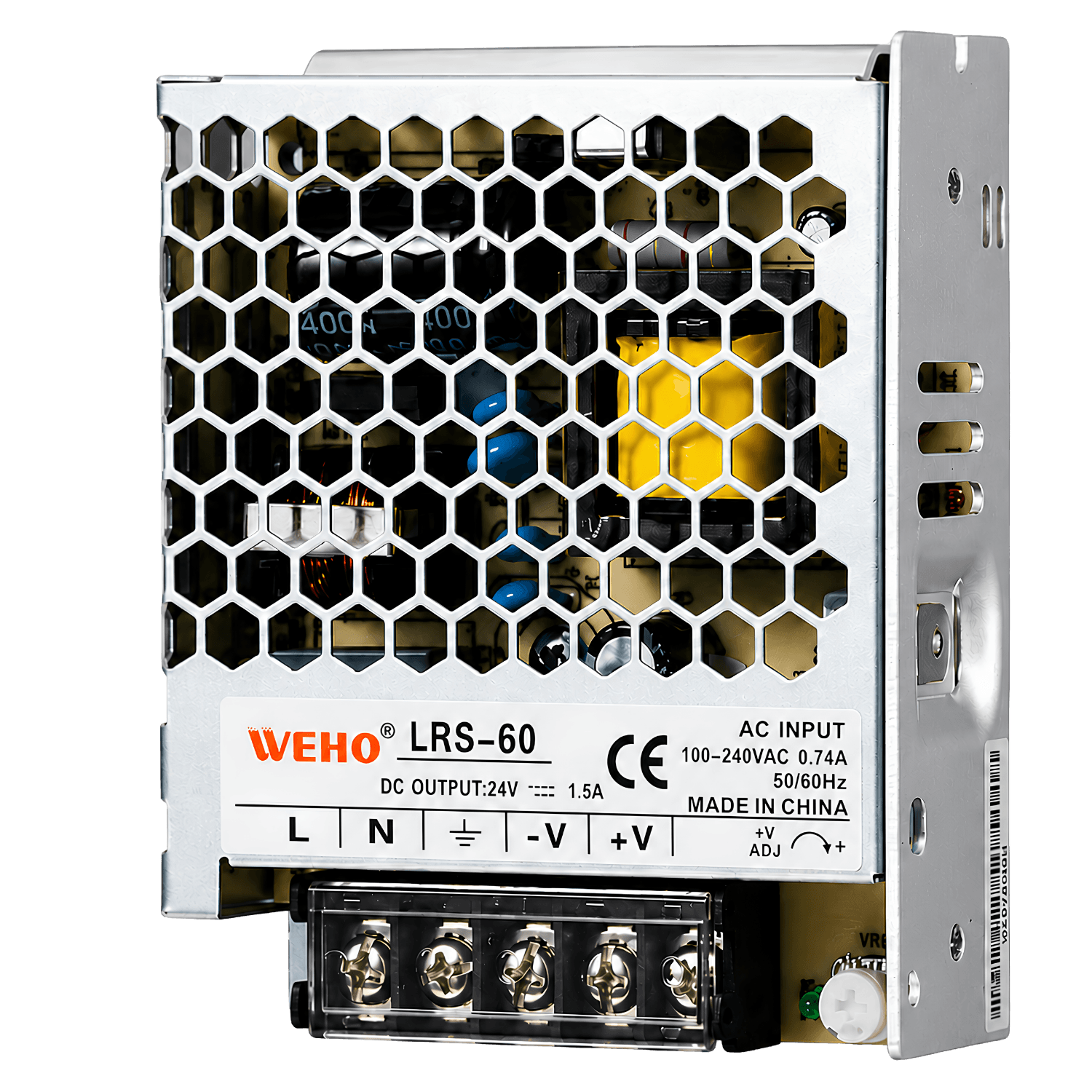 Fonte chaveada industrial WEHO WH-RS60W24, referência LRS-60-24, com saída 24VDC 2,5A, potência 60W, entrada 85–264VAC e 120–373VDC, caixa metálica, convecção natural e proteções contra curto-circuito, sobrecarga, sobretensão e sobretemperatura para automação industrial e painéis elétricos.