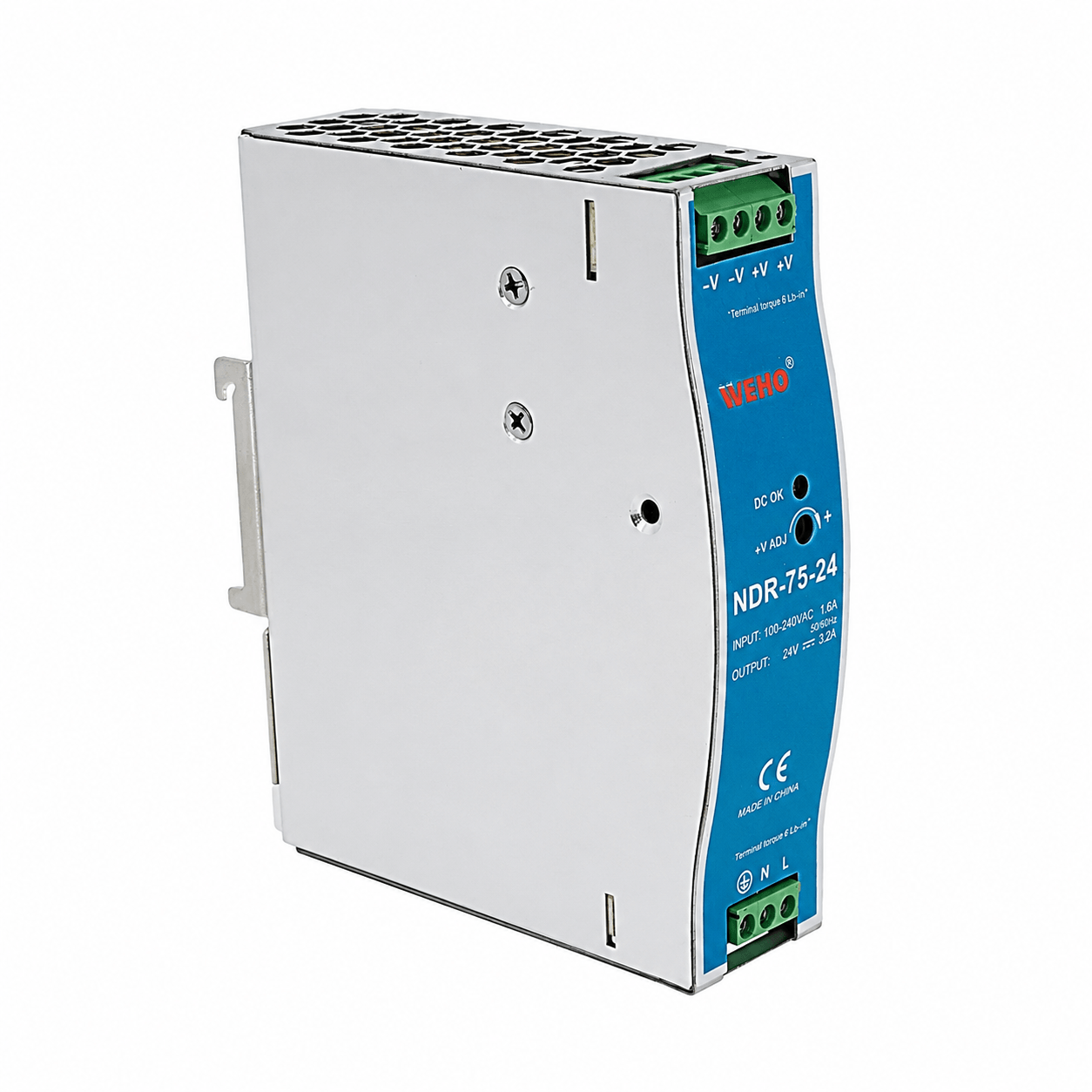 Fonte industrial trilho DIN WEHO WH-DIN75W12, referência NDR-75-12, com saída 12VDC 6,3A, potência 75W, entrada 85–264VAC e 120–370VDC, montagem em trilho DIN, LED DC OK e proteções contra curto-circuito, sobrecarga e sobretensão para automação industrial.