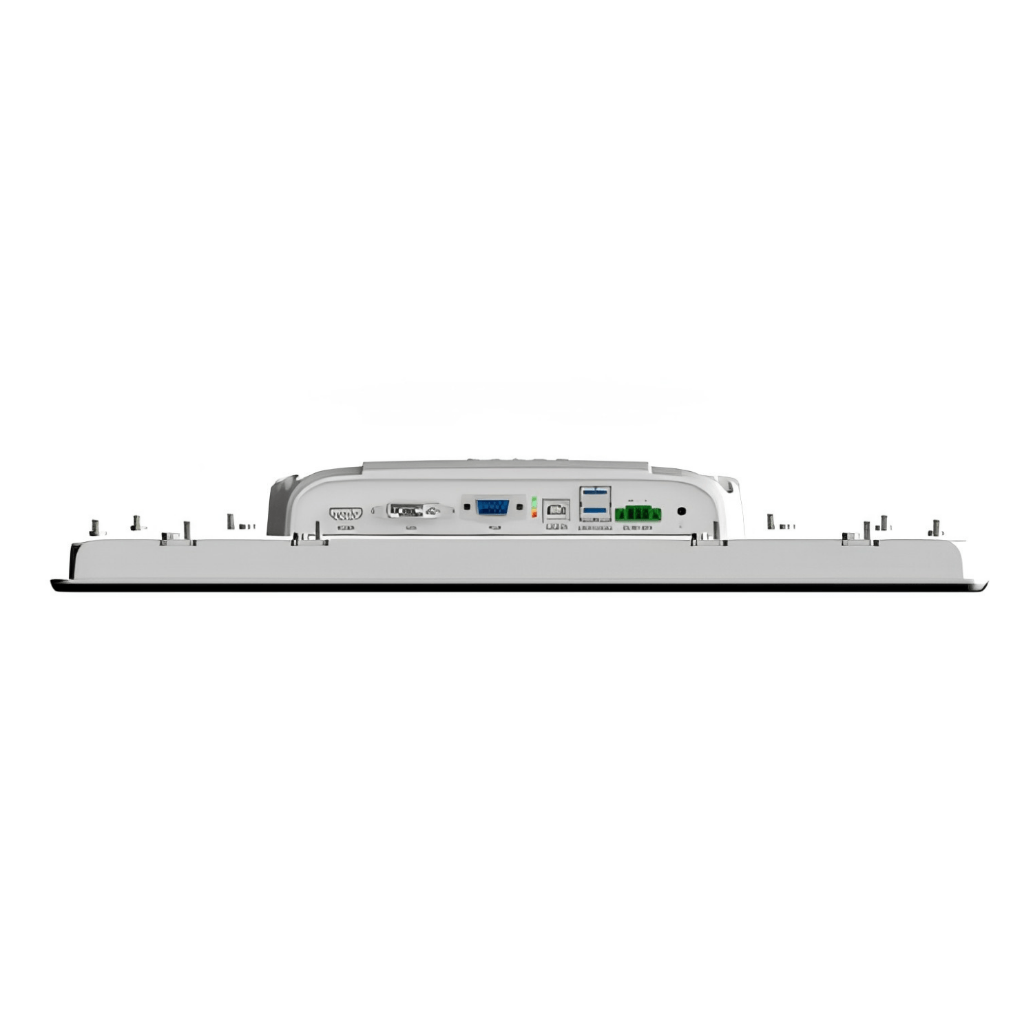 Monitor Industrial FRAME-21150-R2KVM com tela 15”, resolução 1024 x 768, touch resistivo, proteção frontal IP65, traseira IP20, HDMI, DVI, VGA, 2 USB, conexão IDD-LINK4/KVM e alimentação DC 9~36V.