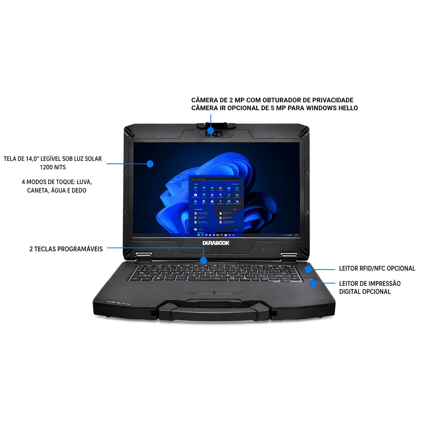 Notebook Industrial NB-S14U5125UFBGF Durabook S14I com Intel Core Ultra 5 125U, tela 14” FHD touch, 1200 nits, 16GB DDR5, SSD NVMe 512GB, IP53, GPS e leitor biométrico.