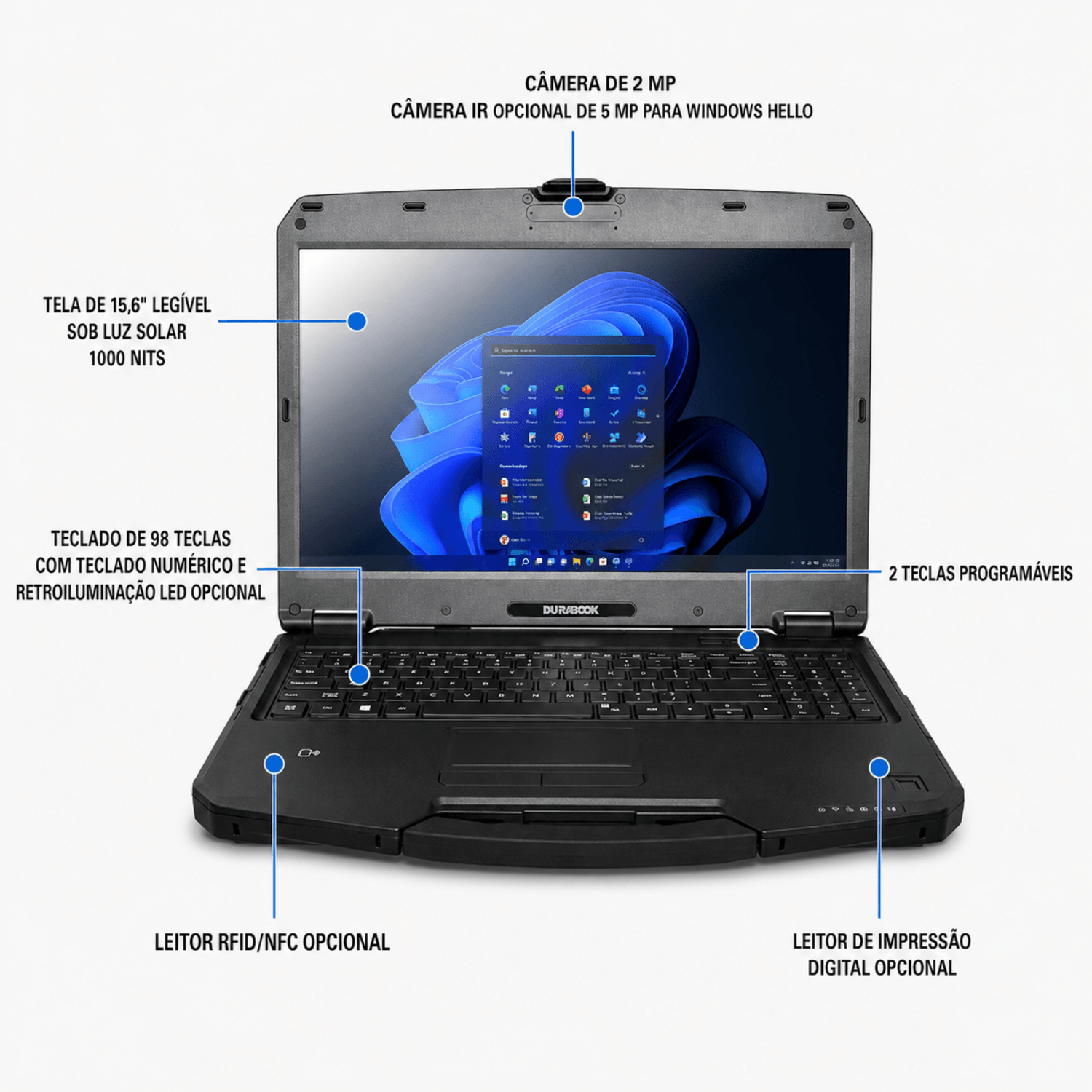 Notebook Industrial NB-S15I5E Durabook S15 com Intel Core i5-1235U, tela 15,6” Full HD, 32GB DDR5, SSD 256GB, proteção IP5X, Wi-Fi 6, Bluetooth e Windows 11 Pro.