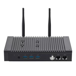 Box PC Industrial Fanless PL64I3-GT com Intel Core i3-1215U, 8GB RAM, SSD 256GB, Dual LAN, Dual COM, HDMI, USB e Wi-Fi para automação industrial.