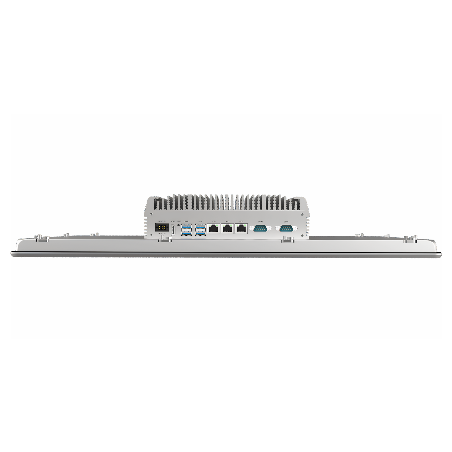 Painel PC Industrial Fanless PULSE 150, código PULSE-22150C-1135G7A, com tela 15”, touch capacitivo, proteção frontal IP65, traseira IP20, Intel Core i5-1135G7, 8GB RAM, SSD 120GB, 2 COM, 4 USB e 3 RJ45.