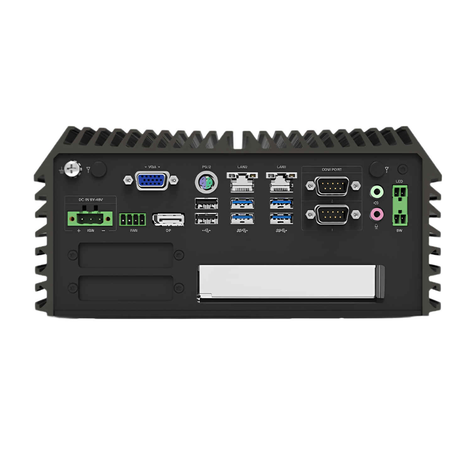 Box PC Industrial Fanless Portwell WEBS-DS1501-IDT com Intel Core Ultra 7, chipset Intel W880, 16GB DDR5, SSD 500GB, Wi-Fi, interfaces COM, RJ45 e alimentação 9–48VDC.